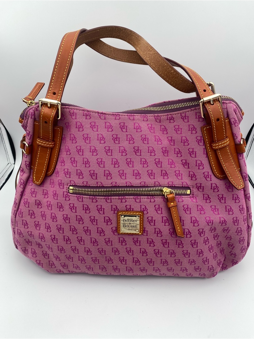 Dooney & Bourke Pink/Purple Signature DB Logo Shoulder Bag with Tan Leather Trim
